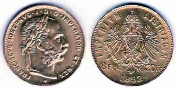 8 Gulden zu 20 Franken 1892 Gold vz